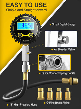 AZUNO hose and gauge assembly showing flexible reach and secure quick coupler
