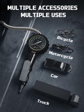 AZUNO gauge in use on car tire offering fast measurement and inflation