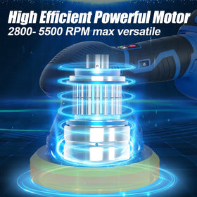 AZZUNO polisher with 21V battery mounted highlighting cordless runtime benefit mobility