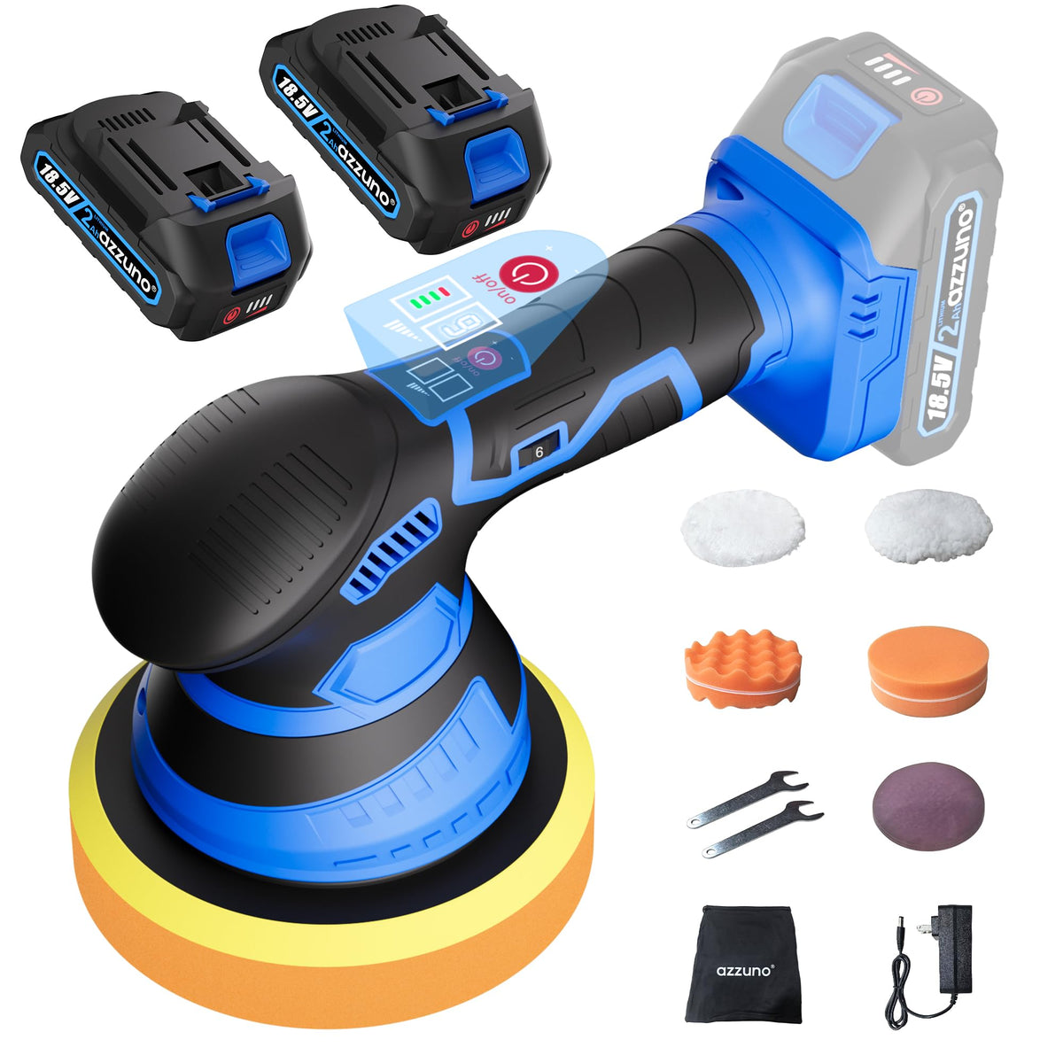 AZZUNO polisher front view showing compact design and balanced grip benefit ease