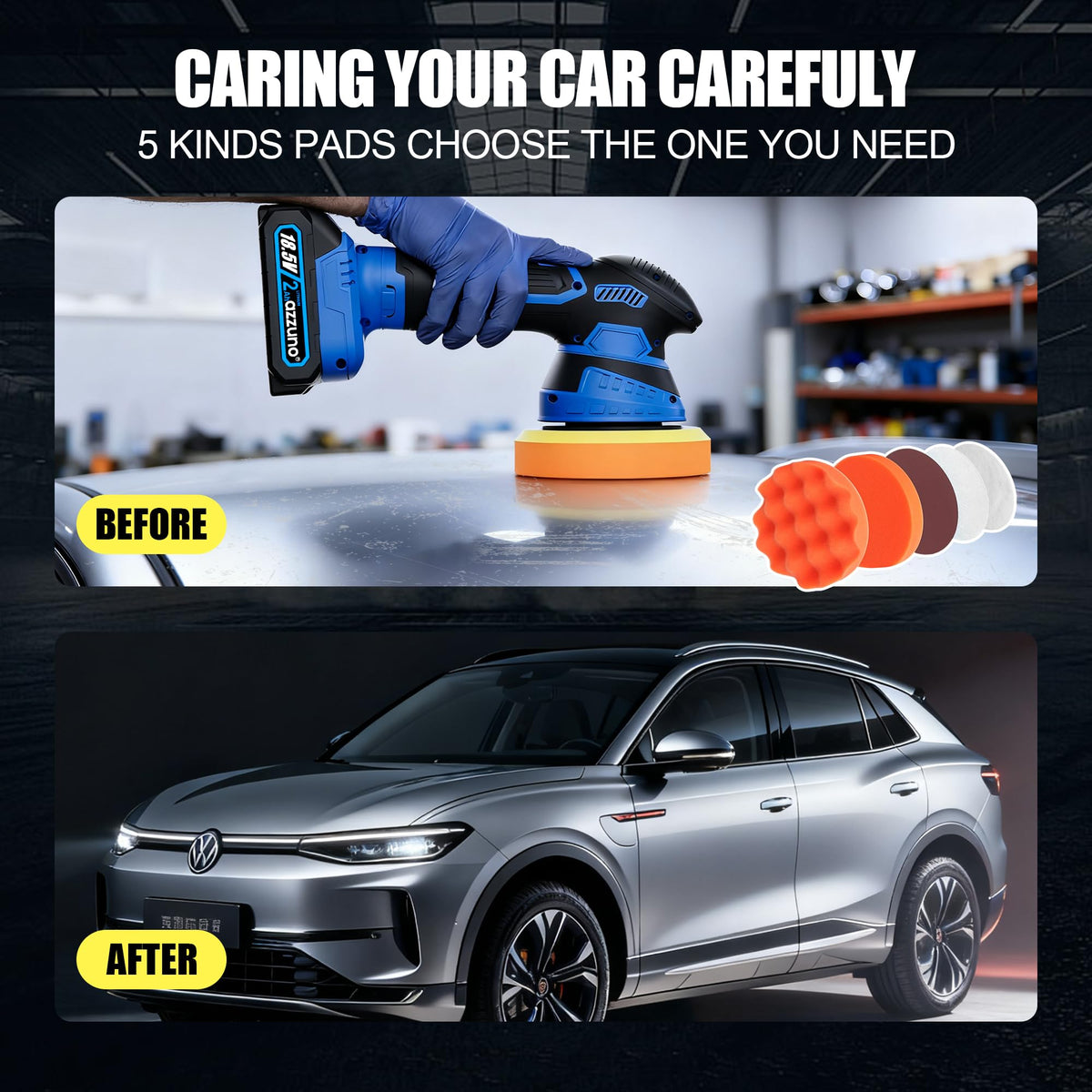 AZZUNO polisher in use on car hood demonstrating swirl-free finish benefit