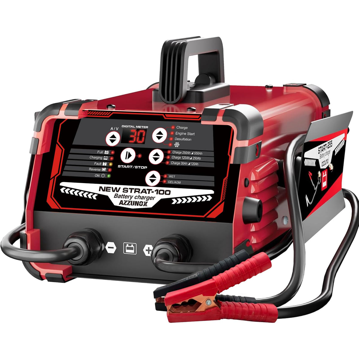 AZZUNOX front panel showing connectors and clamps for fast, safe charging