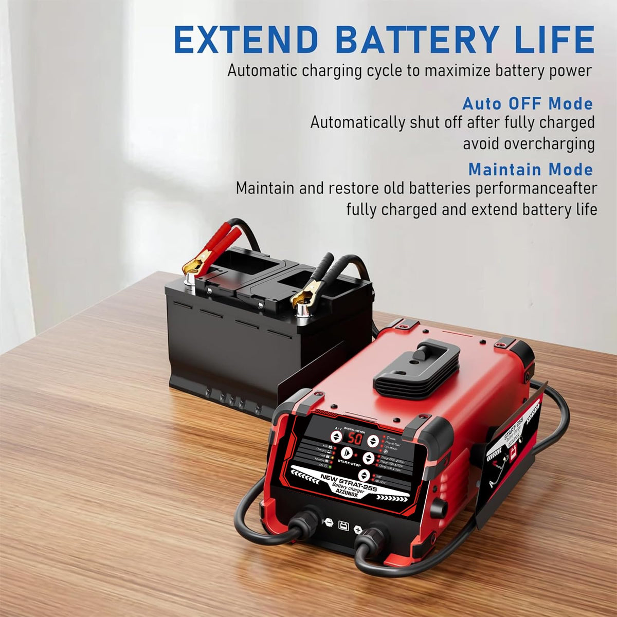 AZZUNOX connected to a car battery demonstrating fast charging and jump start