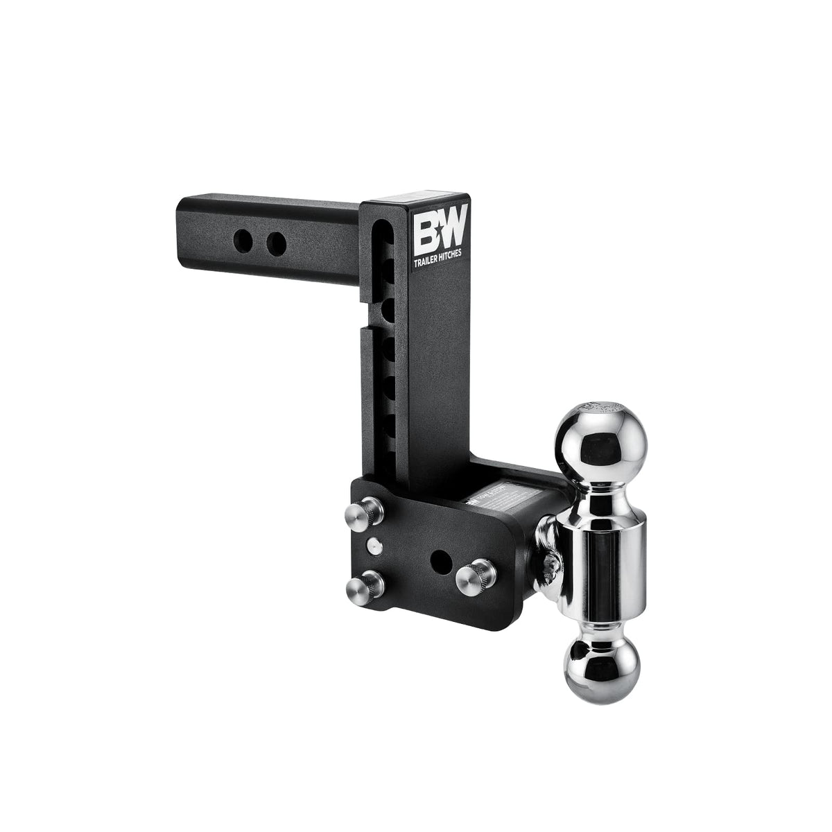 B&W front profile of Tow & Stow showing dual-ball design and robust build benefits