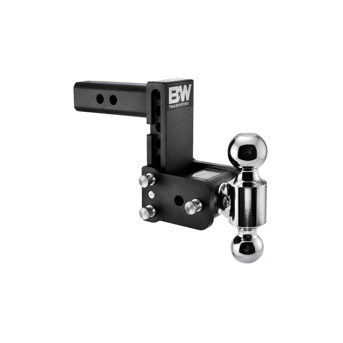 B&W front view of Tow & Stow ball mount showing sturdy construction and versatility
