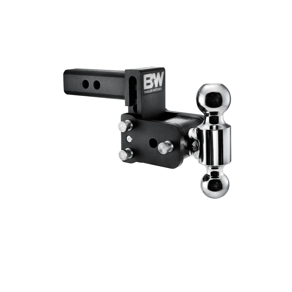 B&W front view of adjustable ball mount showing dual balls and receiver fit benefit