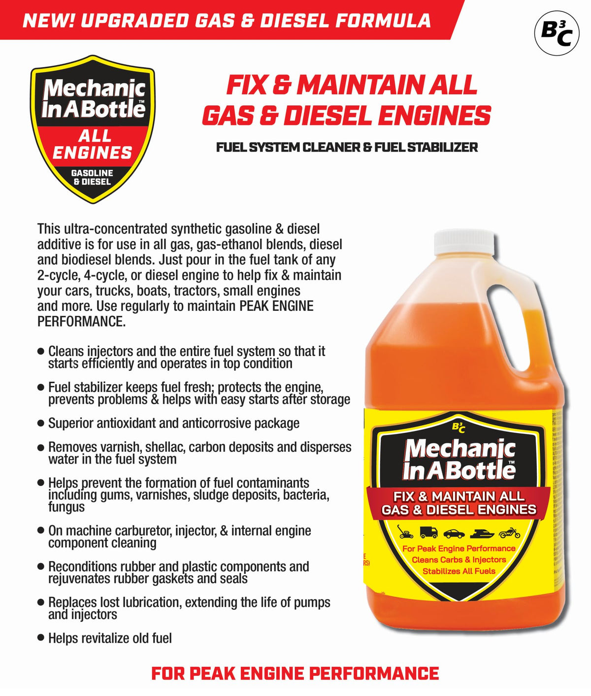 B3C Fuel Solutions label close-up highlighting cleaning and stabilizing benefits