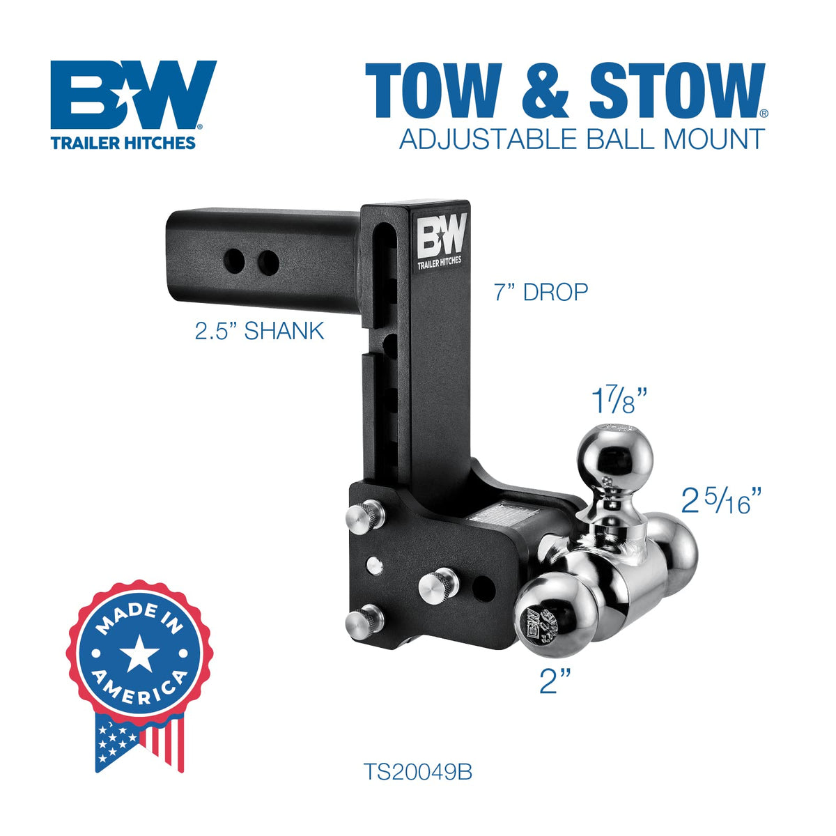 B&W tri-ball close-up showing three ball sizes for quick trailer compatibility