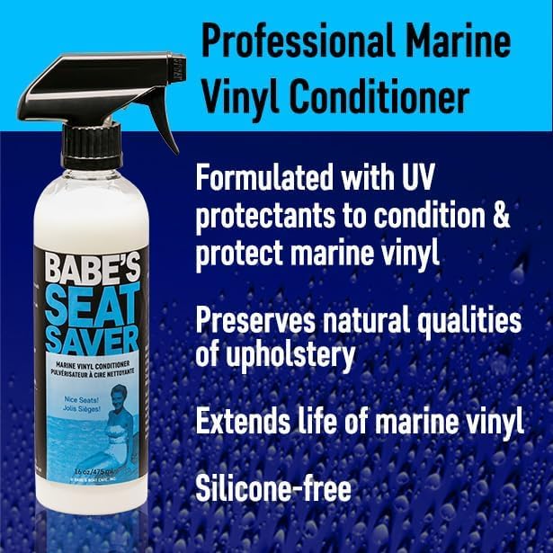 Babe's Boat Care applying Seat Saver on a vinyl boat seat to restore softness