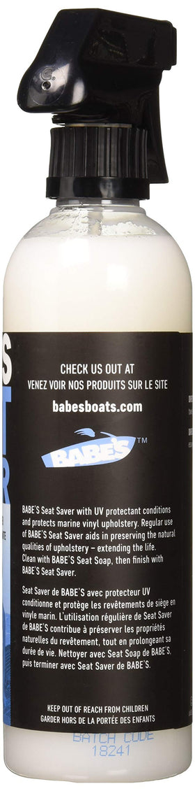 Babe's Boat Care being sprayed and wiped on boat seat to protect from UV damage
