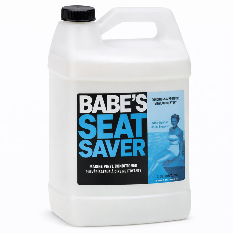 Babe's Boat Care Babe’s Seat Saver front gallon bottle showing label and product benefit