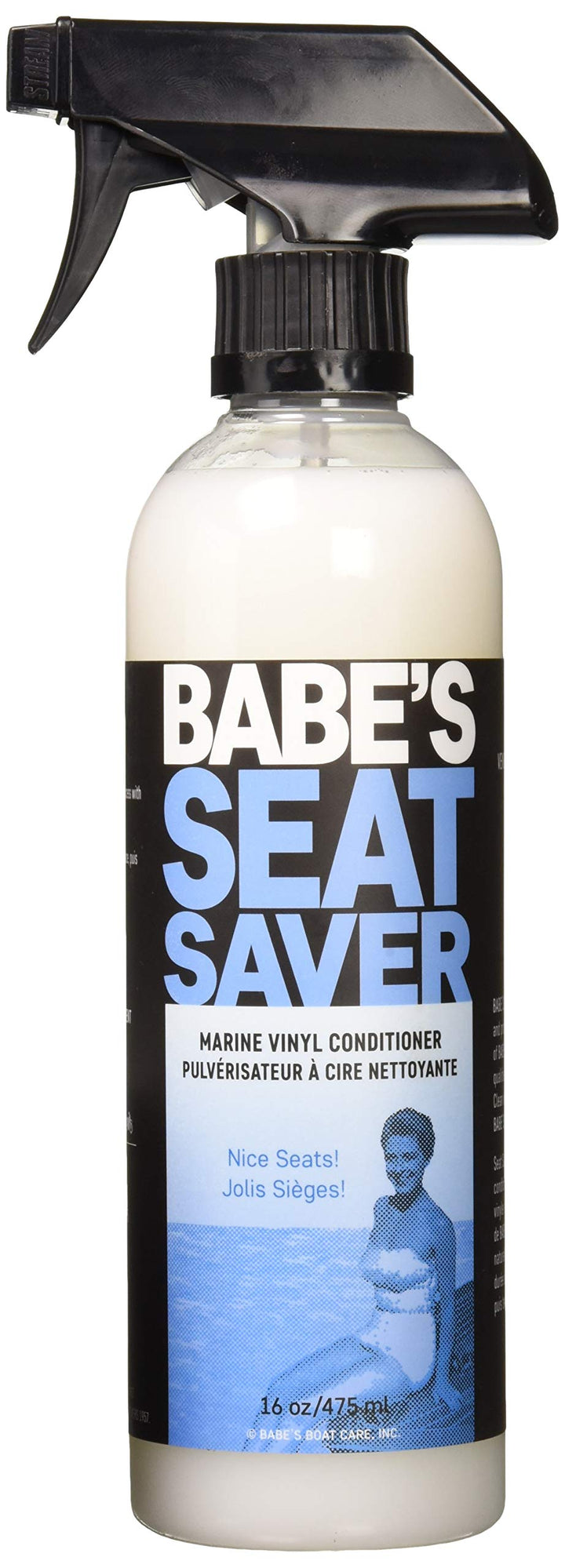 Babe's Boat Care front label of Seat Saver 16 oz spray showing product benefits