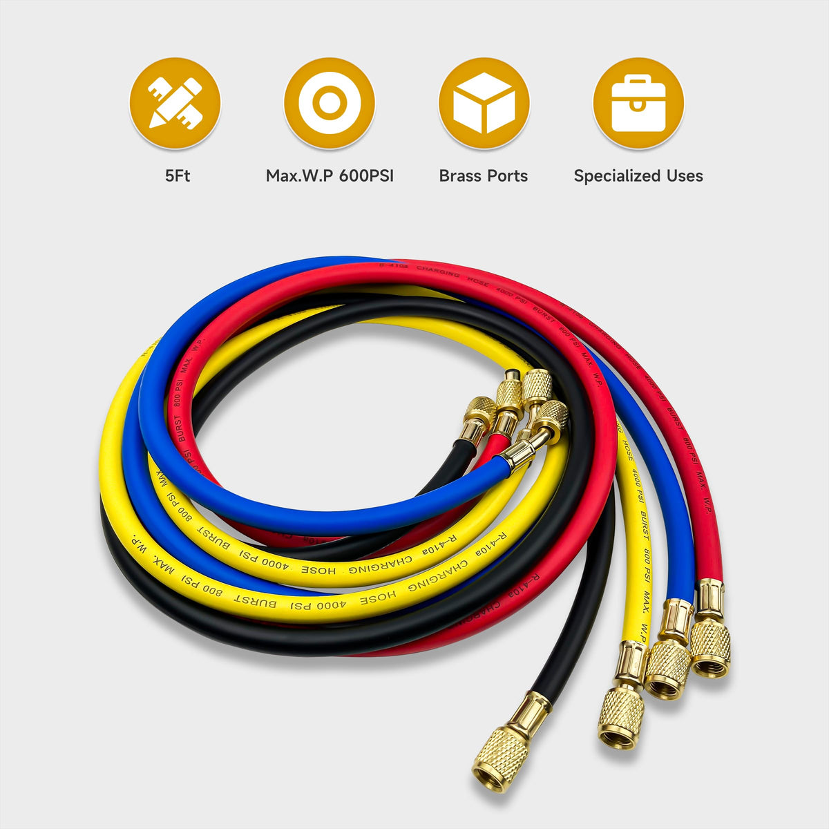 BACOENG five‑foot color‑coded hoses showing flexible reach and safe hookups