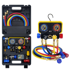 BACOENG front view of full manifold gauge set showing organized layout and portability