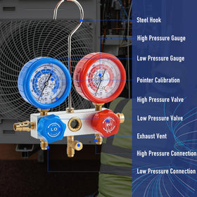 BACOENG color-coded hoses and R410A adapters laid out for correct fast connections