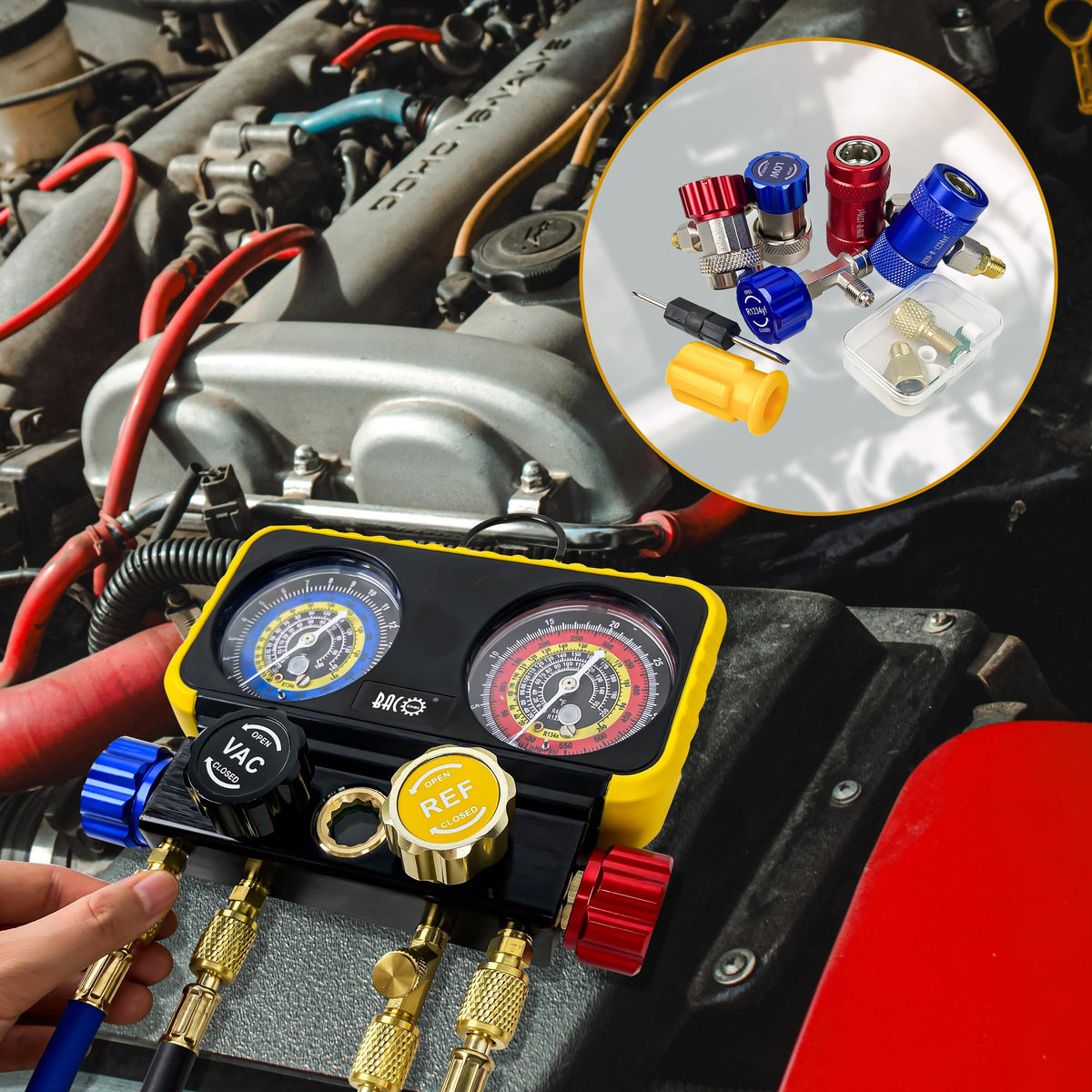 BACOENG manifold connected to car AC demonstrating diagnostic and charging use
