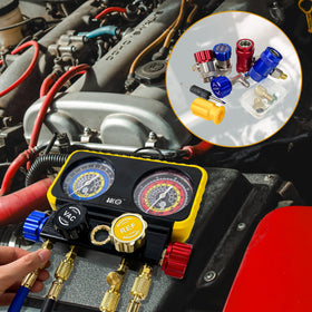 BACOENG manifold connected to car AC demonstrating diagnostic and charging use