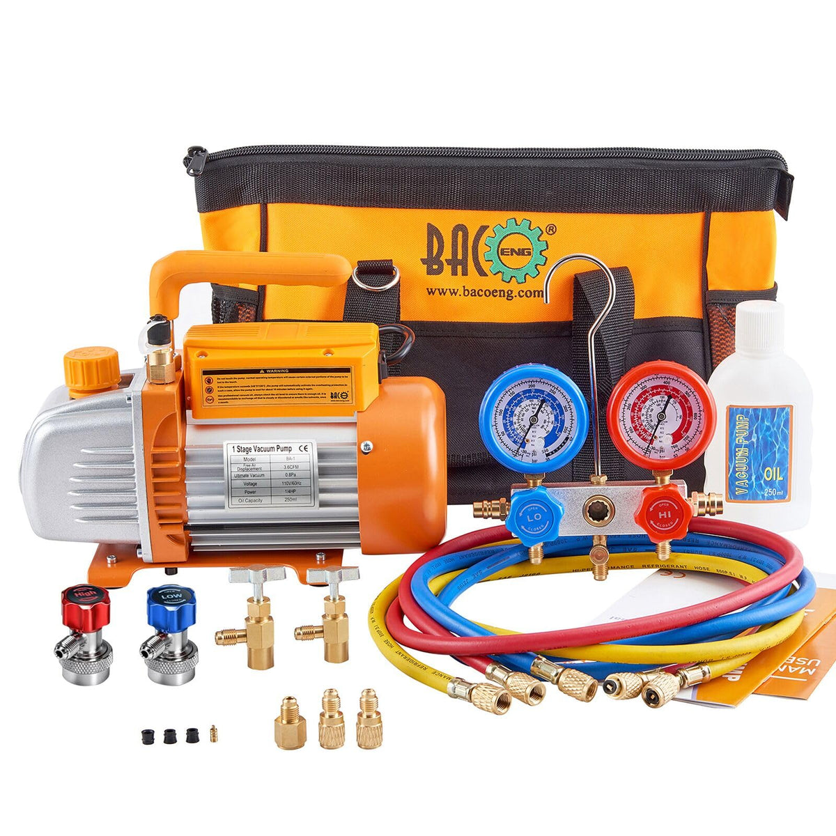 BACOENG vacuum pump front view showing durable housing and portability benefit