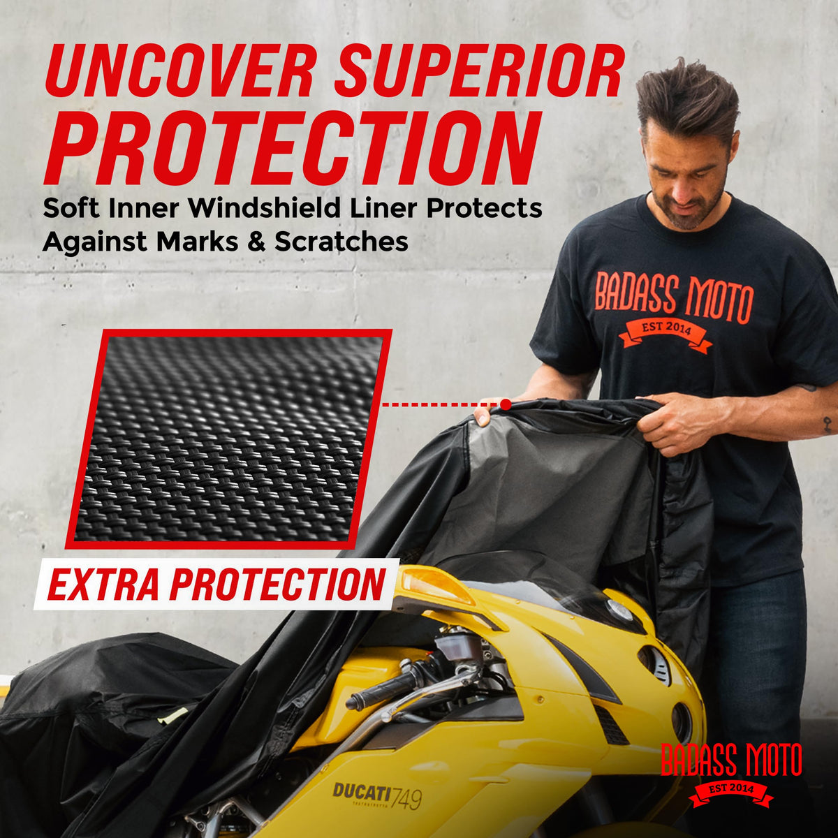 Badass Moto taped seams close-up showing waterproof protection