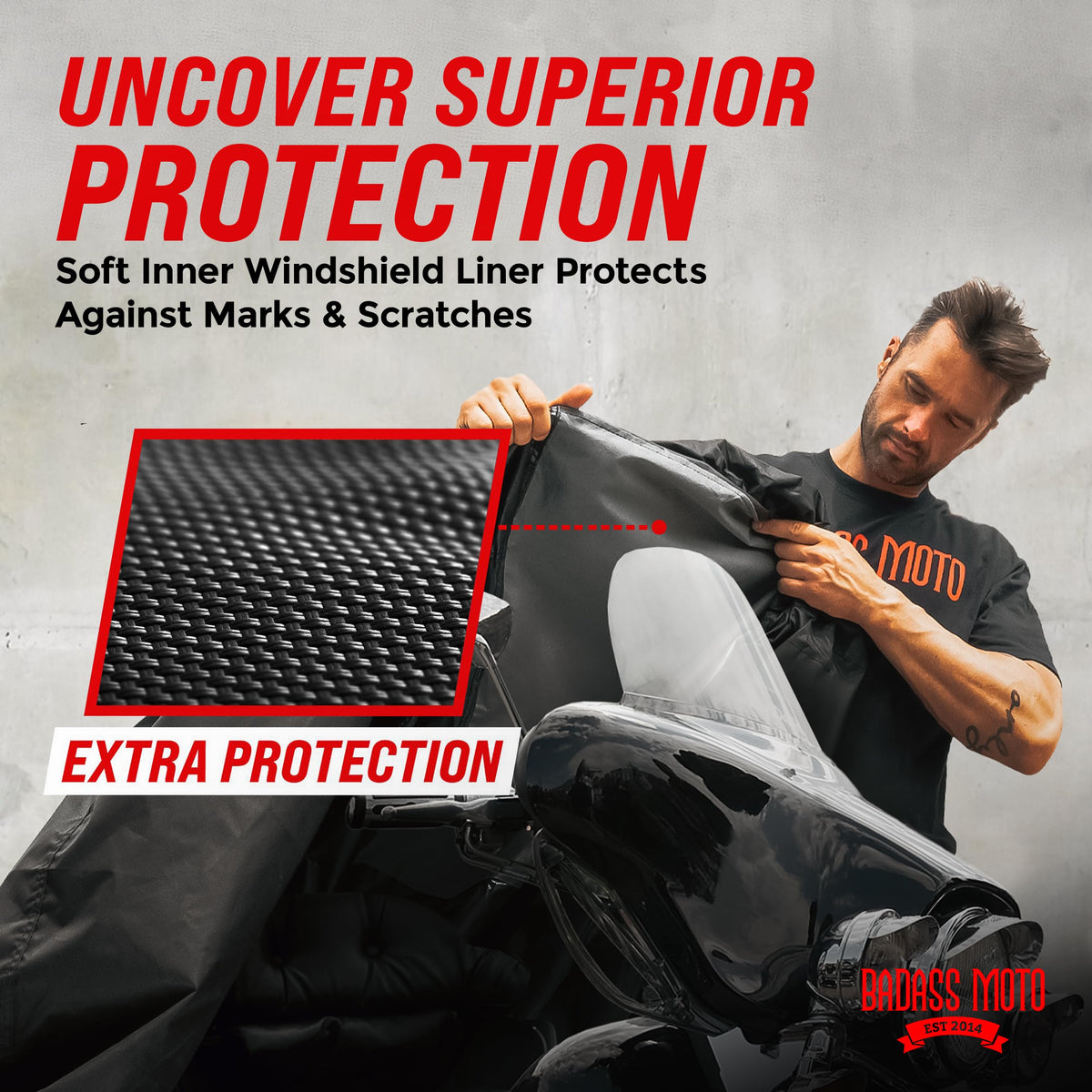 Badass Moto close-up of waterproof fabric demonstrating durable weatherproofing