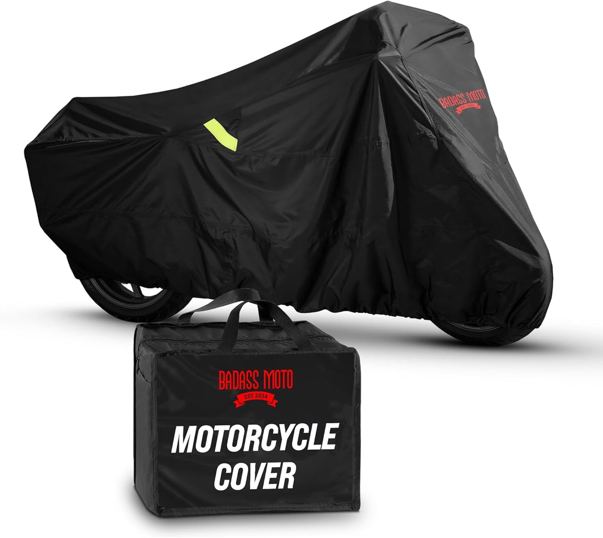 Badass Moto cover on mid-size bike front view showing full protection and weather resistance
