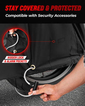 Badass Moto cover folded in storage pouch for compact, tidy garage storage
