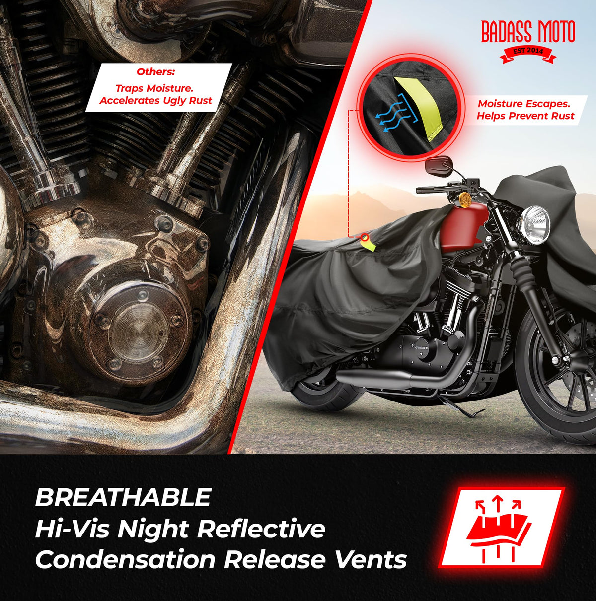 Badass Moto cover beside helmet showing scale and mid-size bike fit