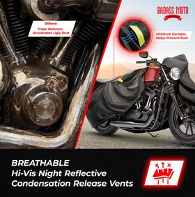 Badass Moto cover beside helmet showing scale and mid-size bike fit