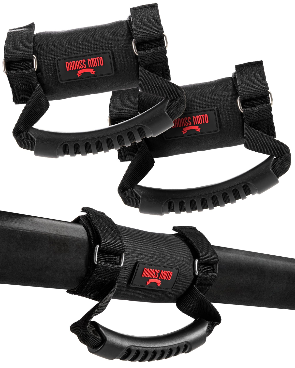 Badass Moto front view of 2-pack grab handles showing compact packaging and benefits