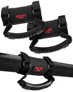 Badass Moto front view of 2-pack grab handles showing compact packaging and benefits