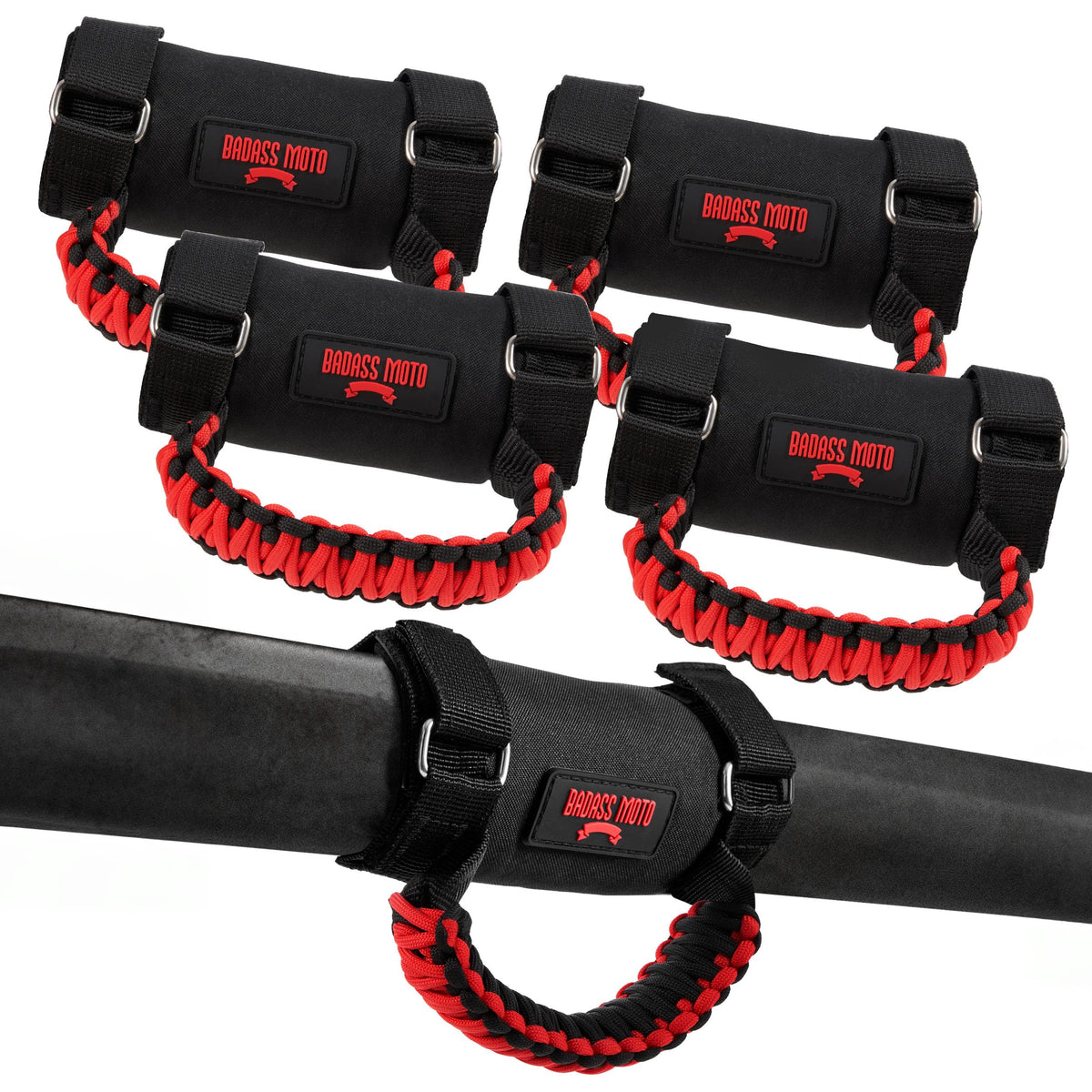 Badass Moto front packaging showing four red paracord grab handles and benefits