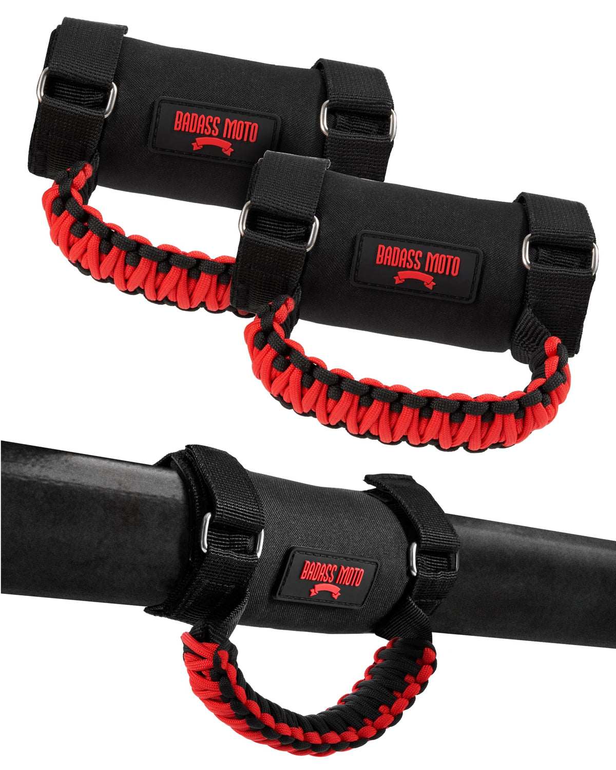 Badass Moto front view of 2-pack grab handles showing color and packaging benefit