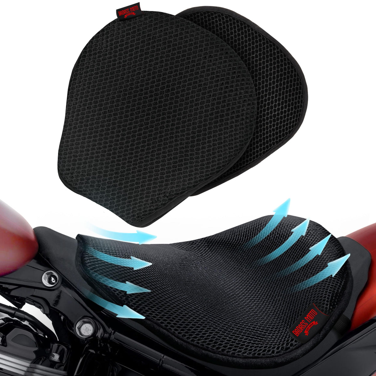 Badass Moto front view of cooling seat cushion showing fit and low profile benefit