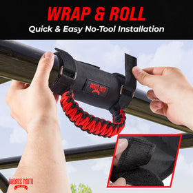 Badass Moto handle installed on roll bar showing secure, tool-free fit