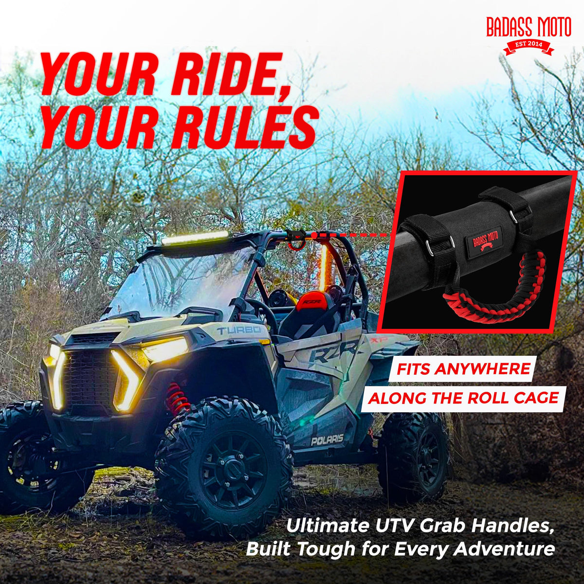 Badass Moto passenger holding handle demonstrating enhanced ride comfort