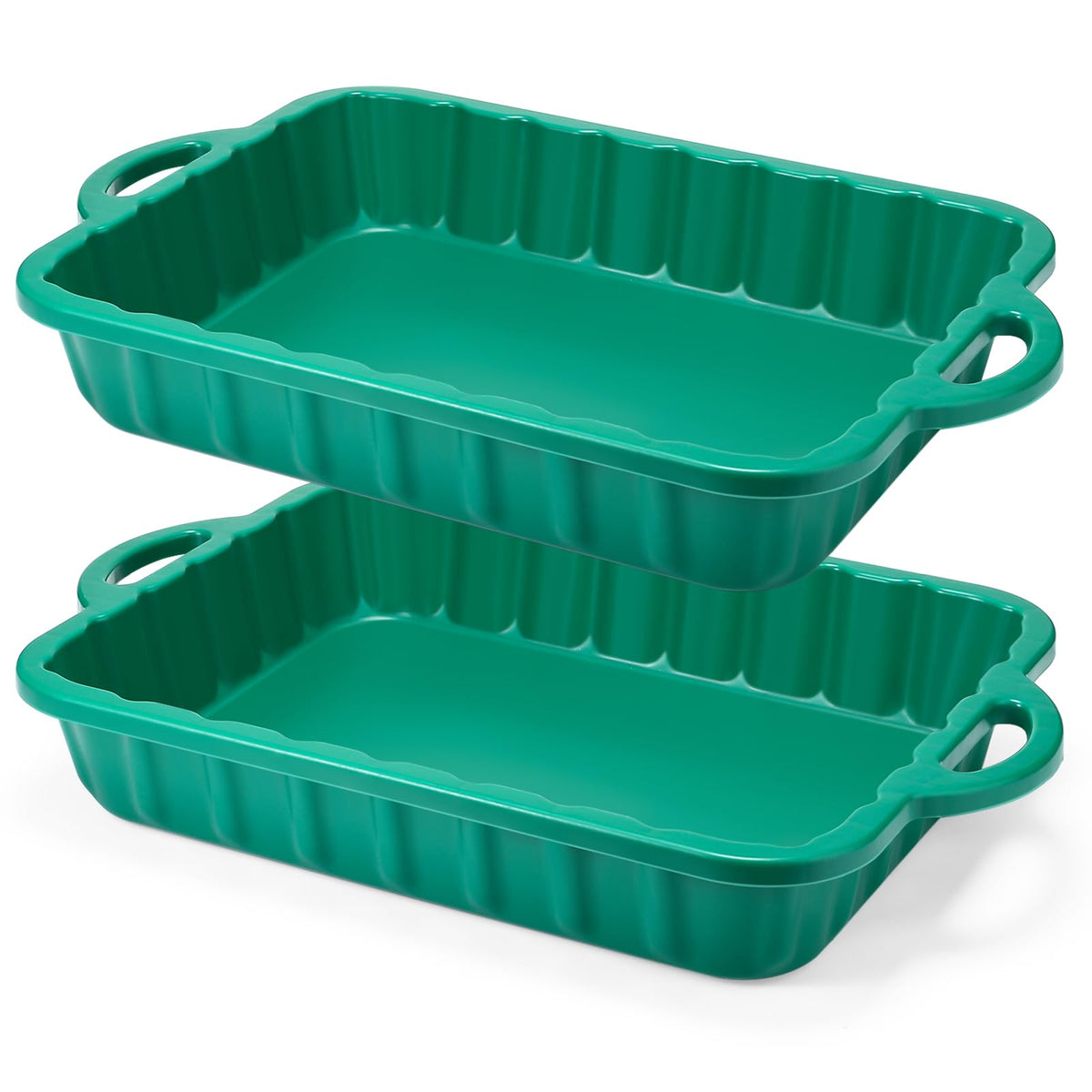 Baderke front view of two green pans showing durable construction and space saving