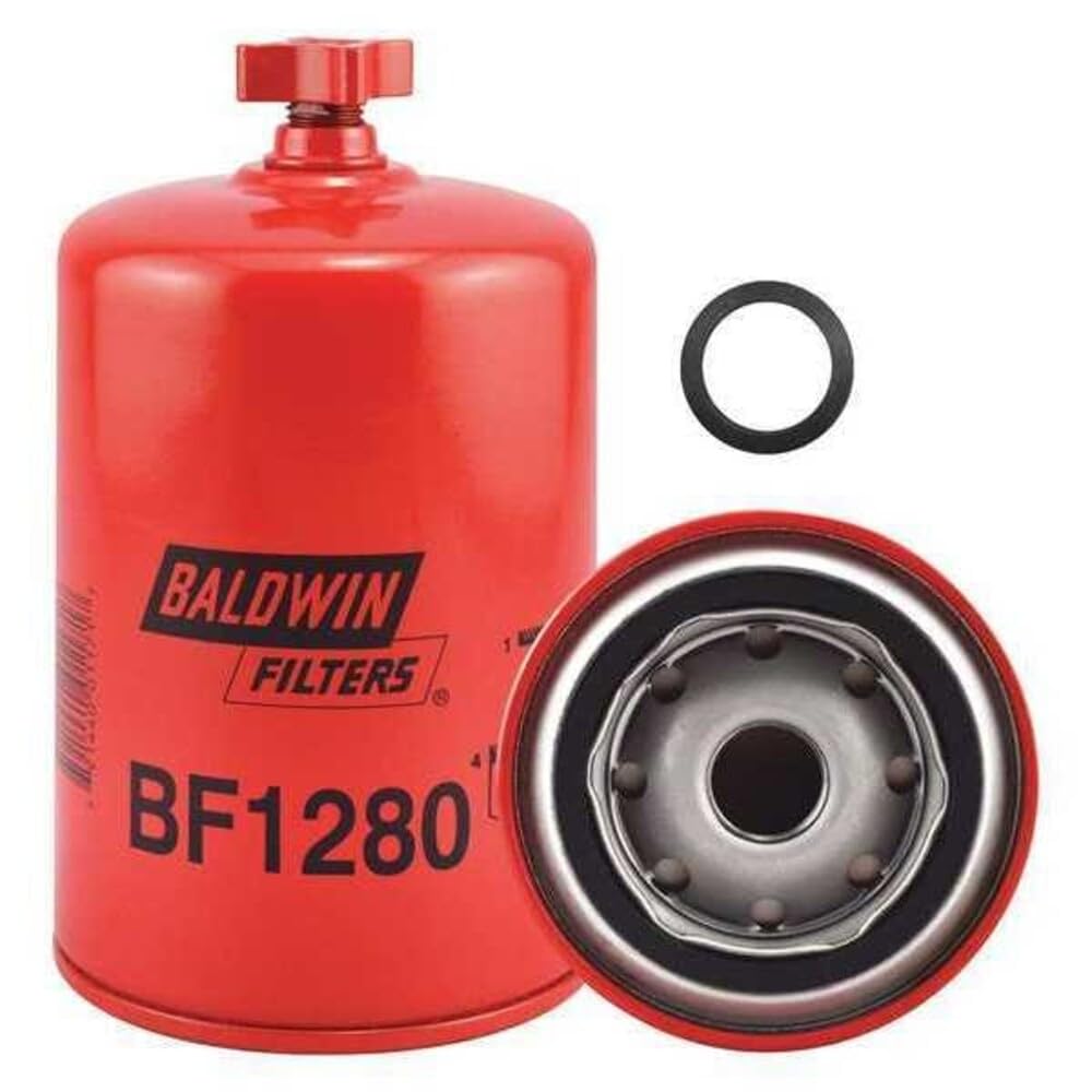 Baldwin Filters front view showing red spin-on fuel filter for reliable engine protection