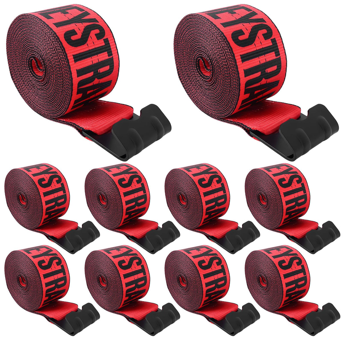 BANJEYSTRAPS front pack showing ten red 4x30ft straps and labeling for clear inventory