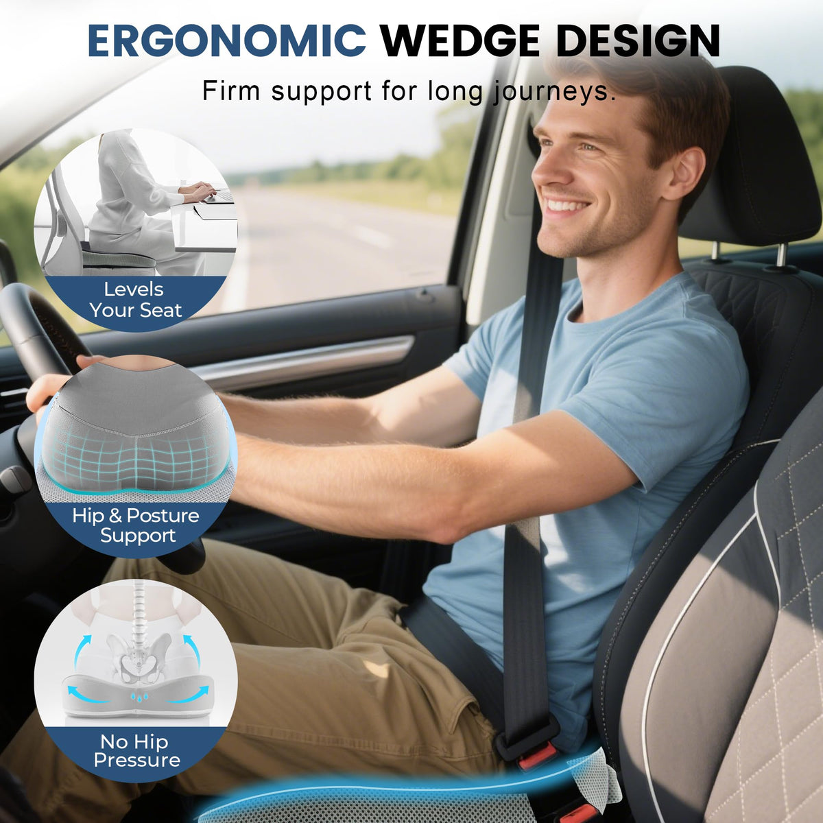 BANKQF cushion installed in car seat improving posture and driving visibility benefit