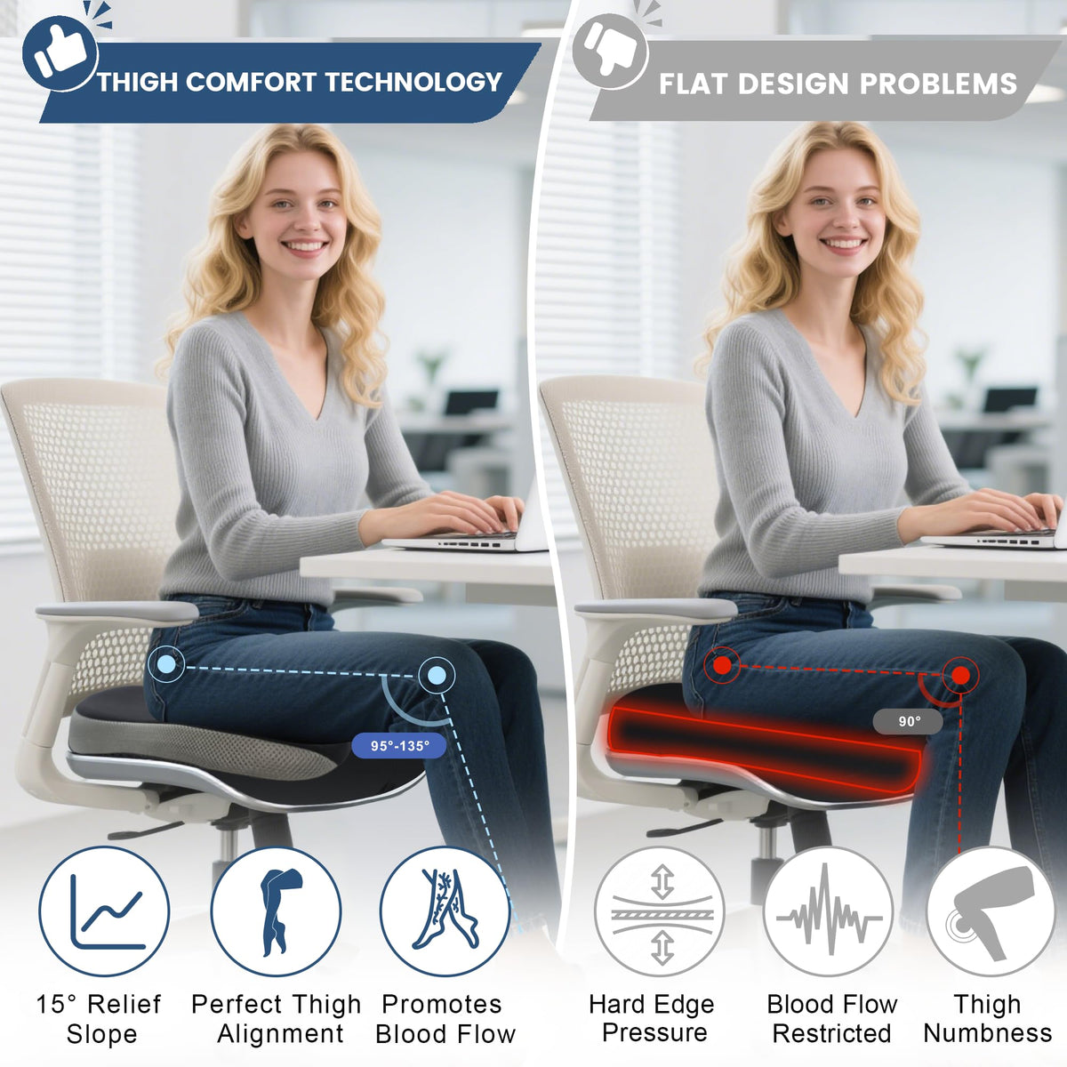 BANKQF on office chair showing ergonomic support for long workdays benefit