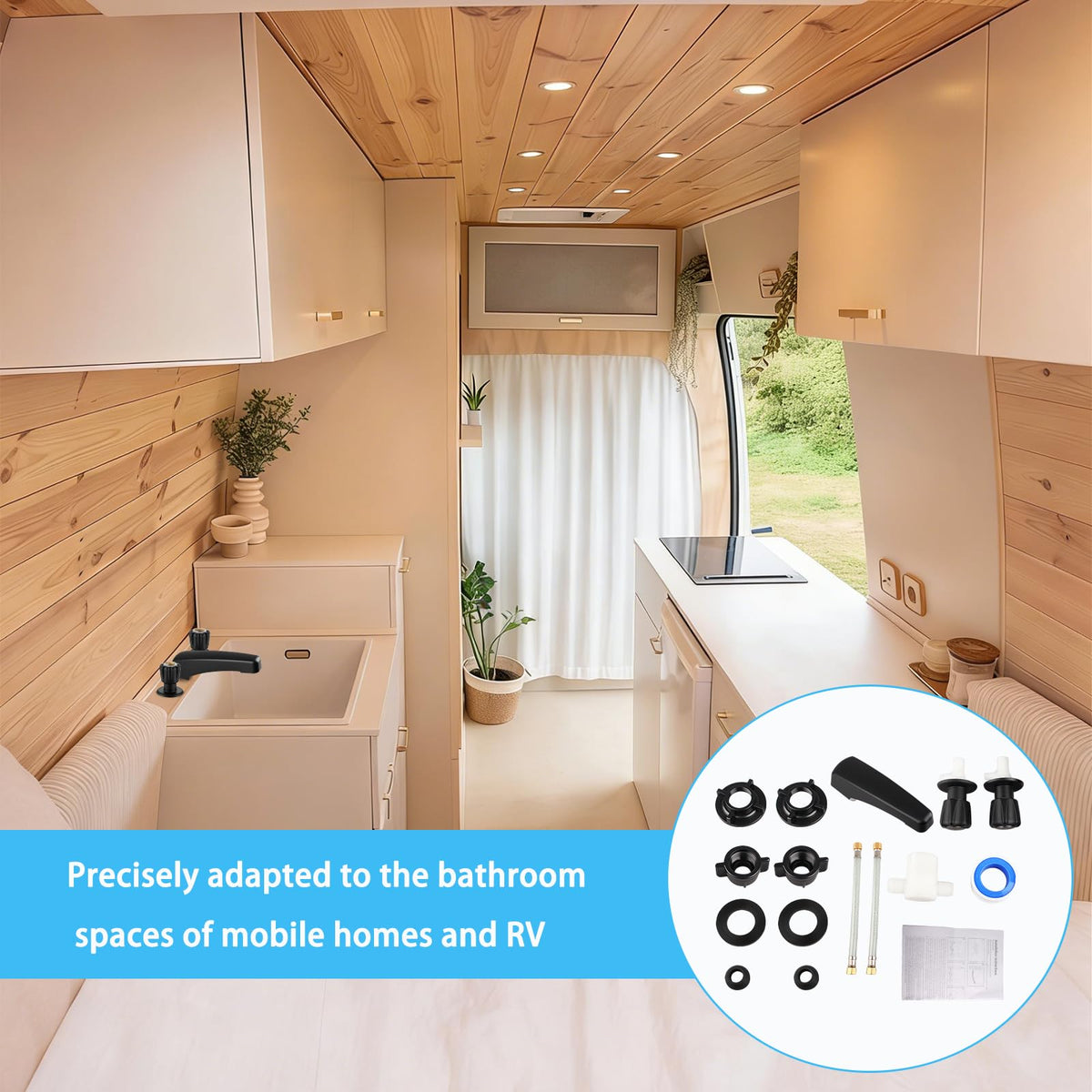 BANOSE black faucet next to ruler showing compact size for tight spaces