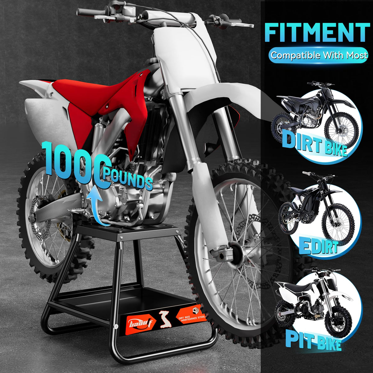 BAOUFF stand in use under dirt bike demonstrating secure lift during service