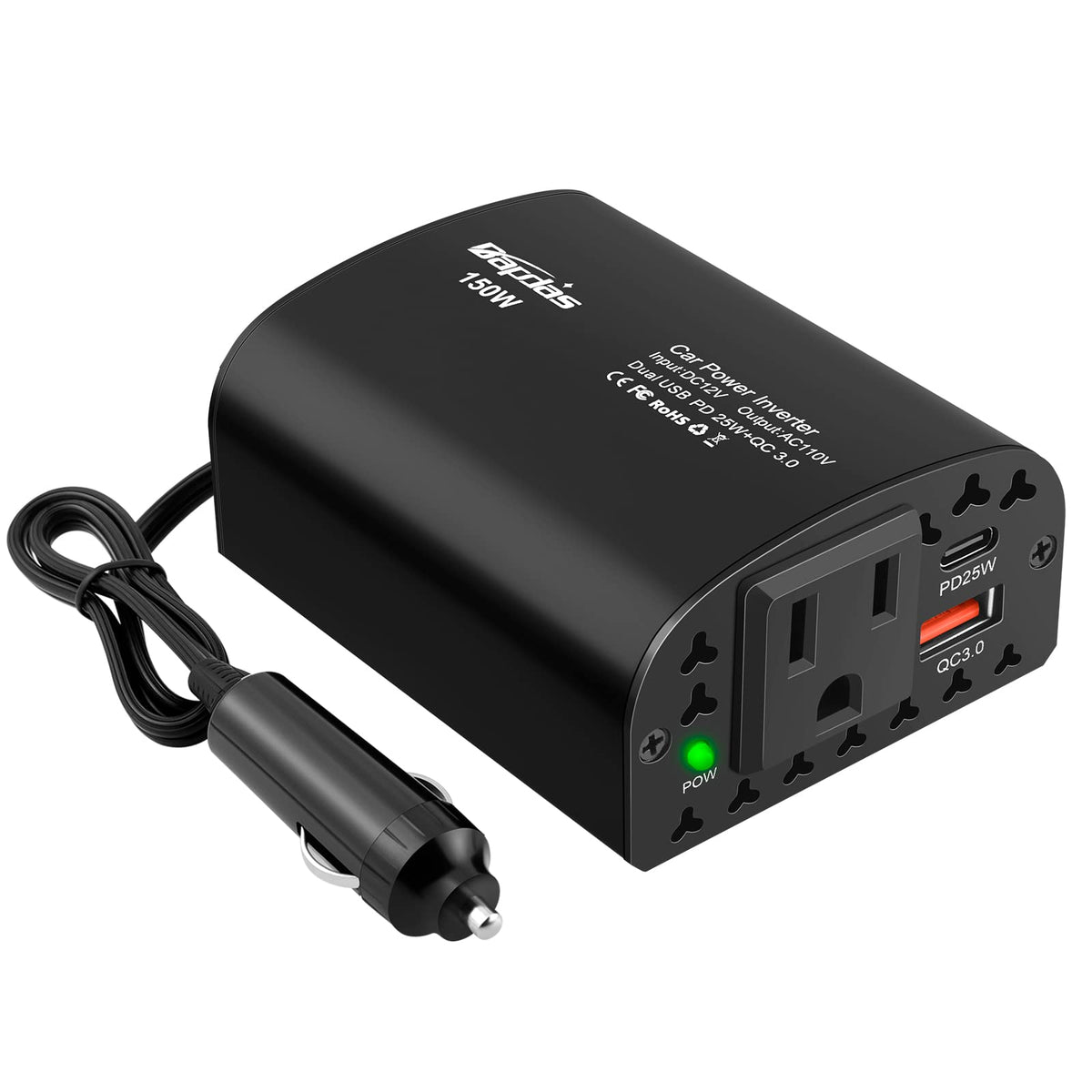 Bapdas front panel showing AC outlet and USB ports for versatile charging