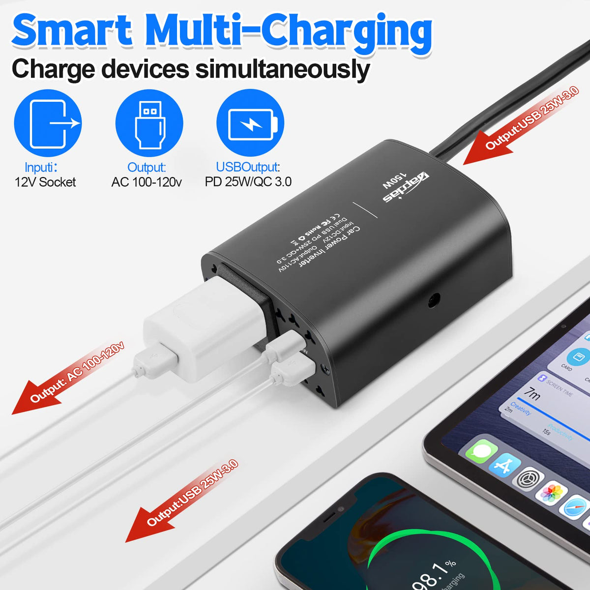 Bapdas next to laptop charger to show compact size and portability