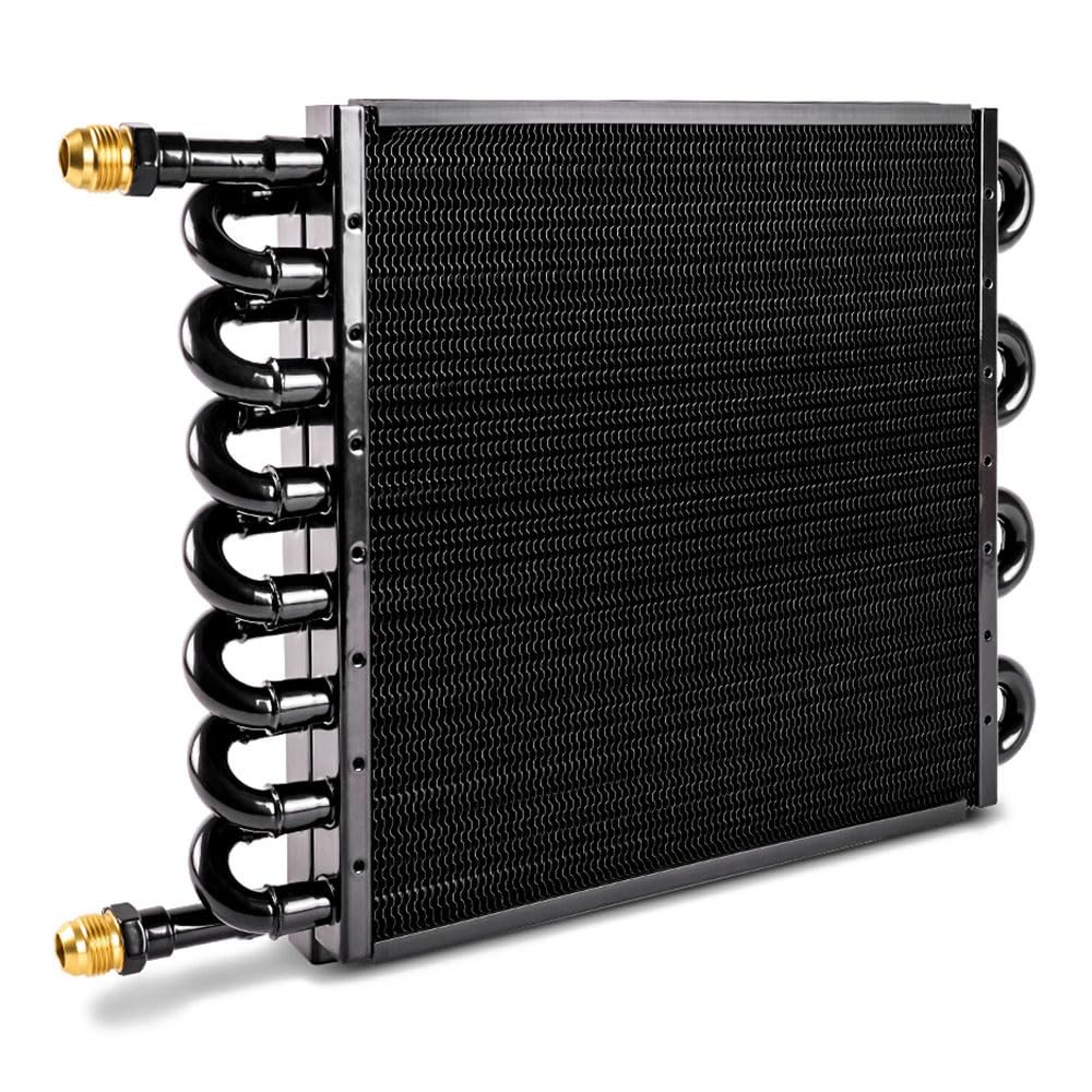 BARTOO front view transmission cooler showing flow ports and mounting benefits