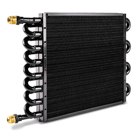 BARTOO front view transmission cooler showing flow ports and mounting benefits