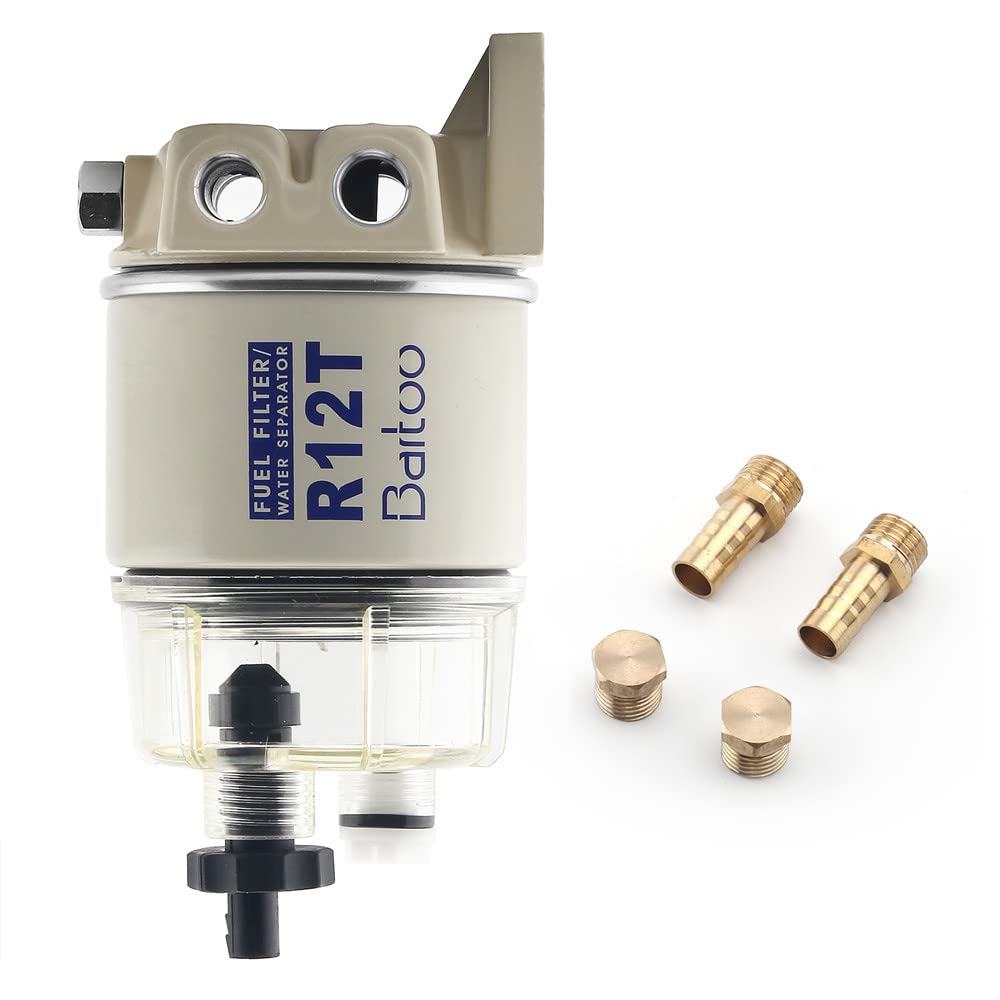 BARTOO front view of R12T spin-on fuel water separator showing label and shape for quick ID