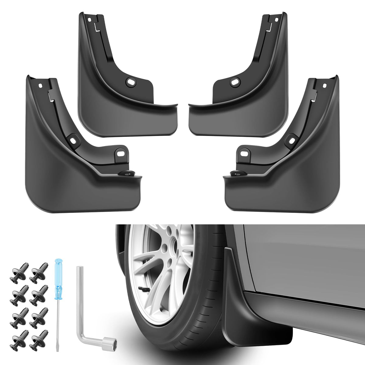 Basalt bodywork mud flap front left mounted on Model Y showing sleek protection
