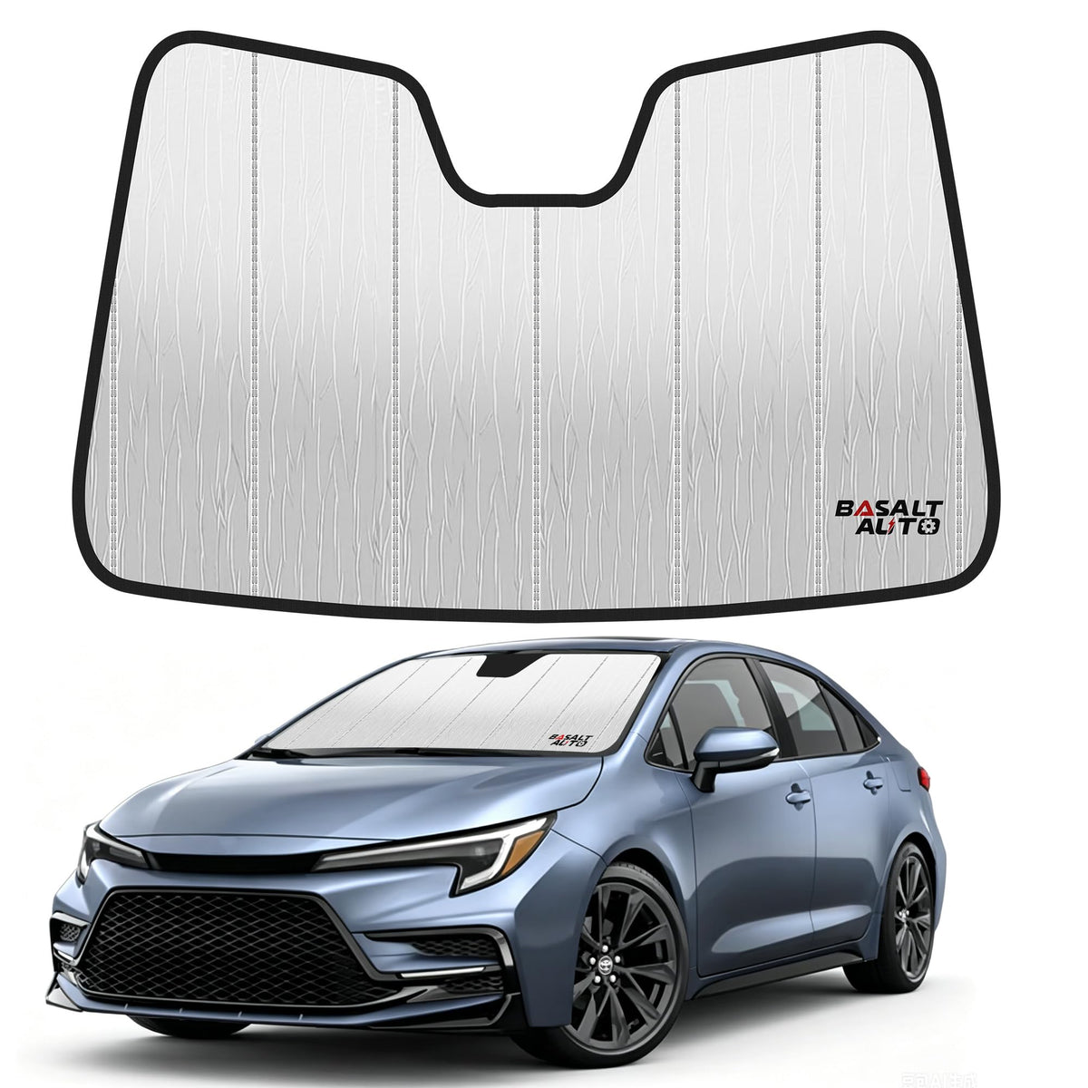 BasaltAuto front packaging showing Corolla-specific visor and storage bag for easy identification