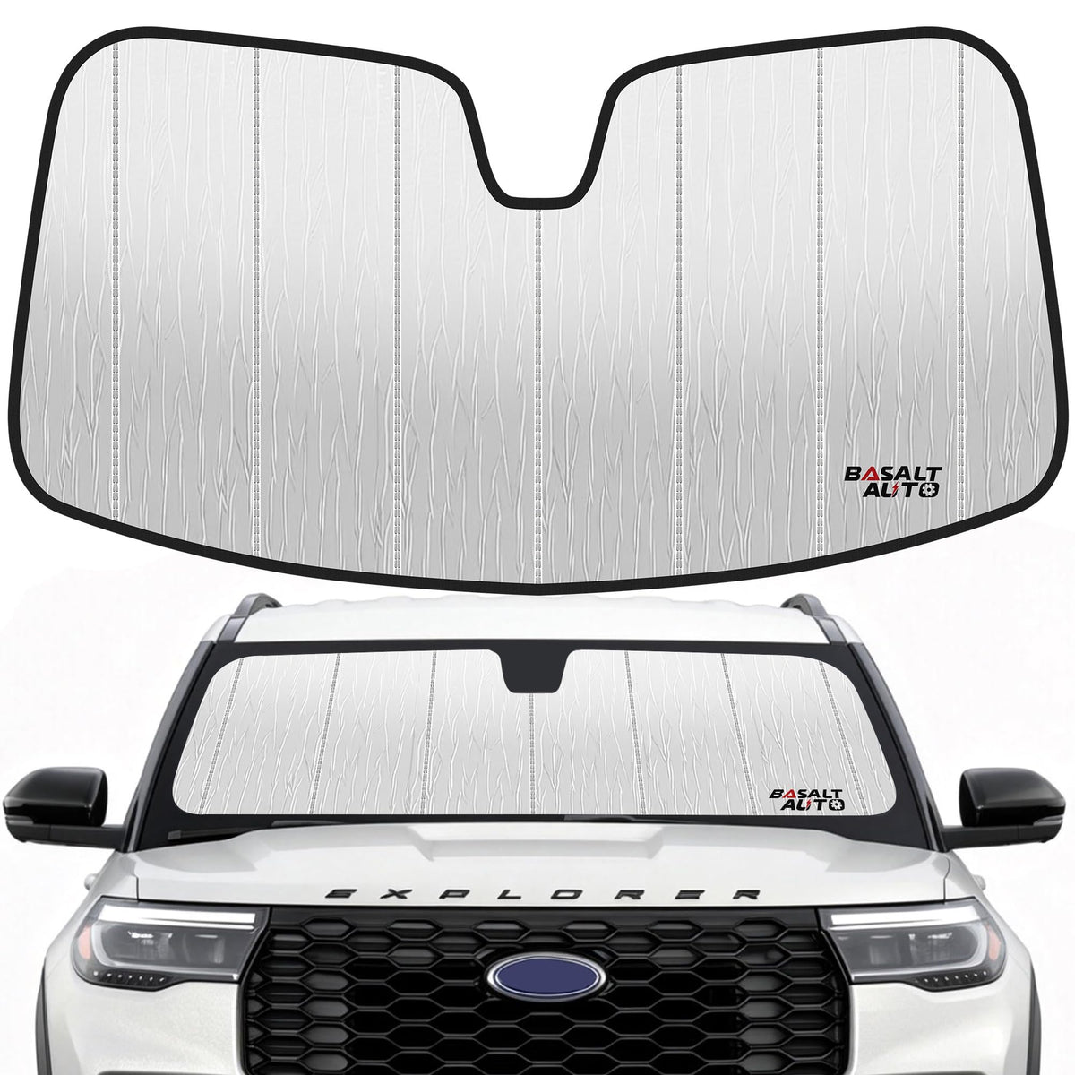 BasaltAuto sun shade front overview showing full windshield coverage and protection